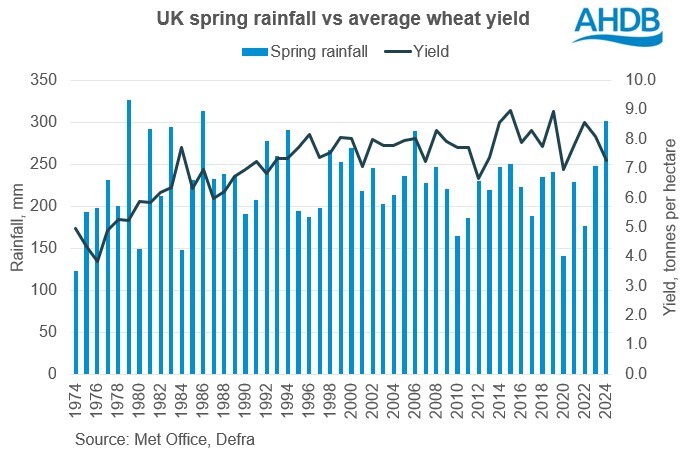 Chart showing UK spring rainfall and final wheat yields 1974 - 2024